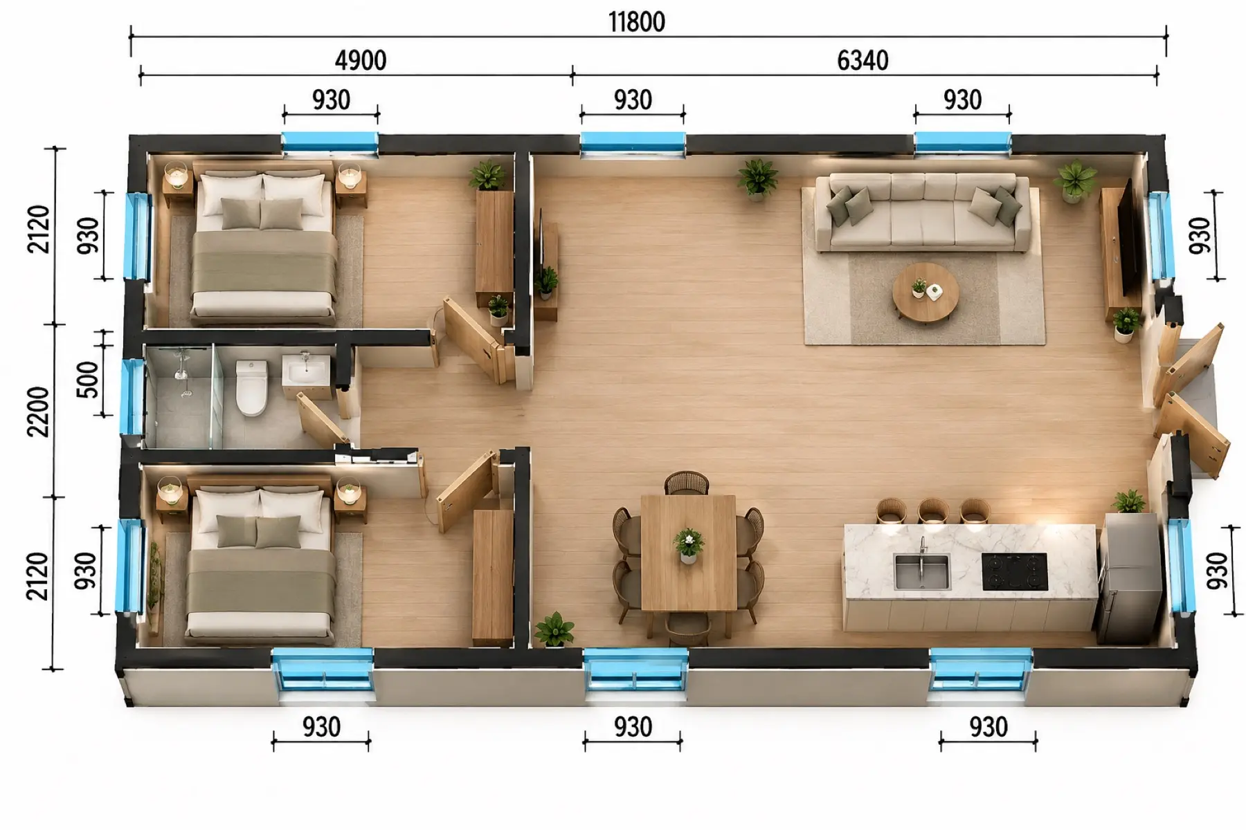 Comfort 80 m², κάτοψη: 2 υπνοδωμάτια